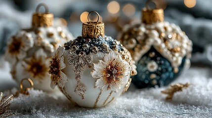 Three ornate christmas ornaments sit on a snowy surface with blurred background lights.