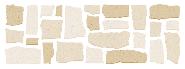 Torn paper piece. Old craft paper. Tear rip vector. Sheet edge, frame background. White, beige old craft page bg. Cut note scrap texture. Grunge vintage torn papers shape. Tear and rip scratch label