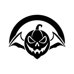 A black and white illustration of a spooky pumpkin with bat wings, smiling.