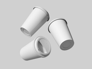 Three White Blank Plastic Drink Cup Mockup Floating in The Air 3D Rendering