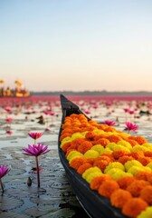 Traditional boat decorated with marigold flower garland on lotus lake at pastel sunrise or sunset. Onam celebration in India. Kerala festival concept for travel blog post or celebration banner.