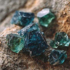 Close-up of rough, faceted blue-green crystals resting on a textured, beige rock surface