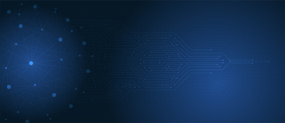Quantum computer technology background. Futuristic blue circuit board. Digital network banner with circuit connection.