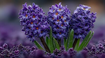 Three purple hyacinth flowers with green leaves in a field of purple.