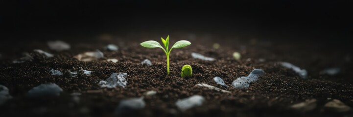 Two small seedlings growing from dark soil surrounded by microplastic and trash. Contaminated soil. Environmental pollution. Minimal pollution and environmental protection concept.