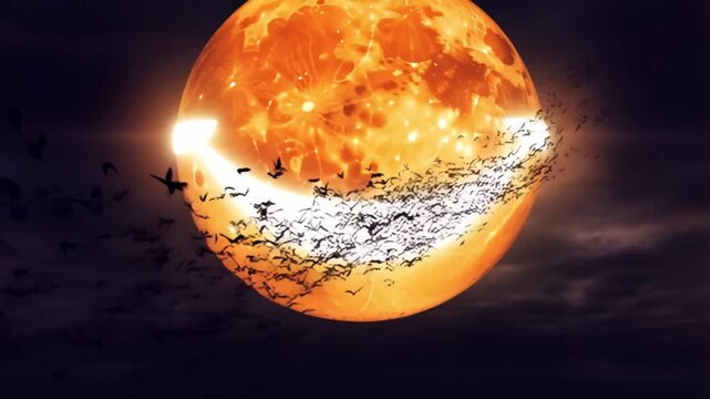 Bats flying and forming bright smile in halloween fantasy night, concept of creativity and health