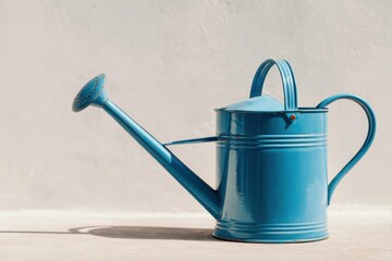 Blue Watering Can Resting on Plain Surface in Daylight