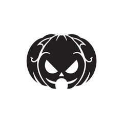 A stylized, black and white illustration of a carved jack-o'-lantern with a spooky expression.