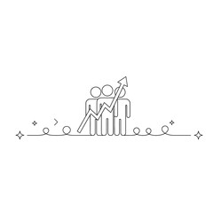Minimalist line art icon of a team with an upward growth arrow, symbolizing business success and progress.