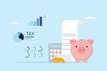 Tax payment concept. Financial report auditor and calculation tax return, debt payment for Government, State taxes, Tax planning Due date. Data analysis presenting dashboard illustration flat design