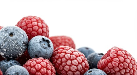 A mix of frozen strawberries, raspberries and blueberries for long-term cold storage. Frost berries from supermarket freezer for cooking fruit desserts or drinks. Top view.