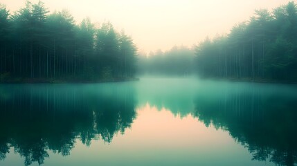A misty forest pond at sunrise with pale peach sky and emerald reflections 
