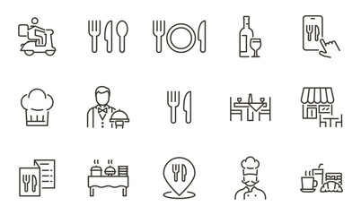 Catering restaurant service, cutlery and food delivery icons set. Food, plate, fork, knife, spoon, mobile app thin line vector illustration