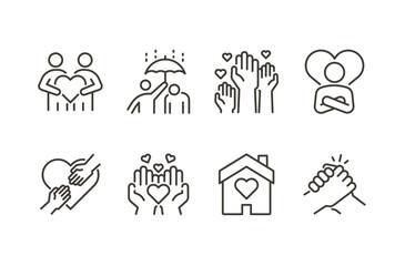 Charity, support and community support icons set.Thin line vector illustration for solidarity, donation, care, love