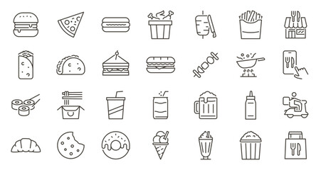 Fast food icons set. Thin line vector illustration restaurant delivery snacks drinks. Burger, pizza, sandwich, hot dog, soda, sweets