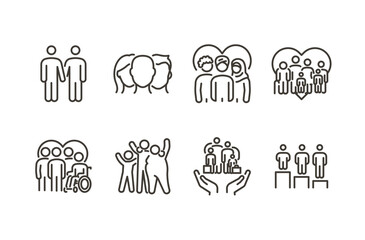 Diversity and inclusion icon set. Vector thin line illustration. Diversity, global community, multiple gender, cultural identities