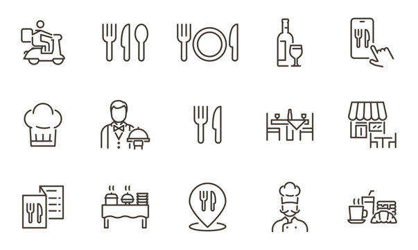 Catering restaurant service, cutlery and food delivery icons set. Food, plate, fork, knife, spoon, mobile app thin line vector illustration