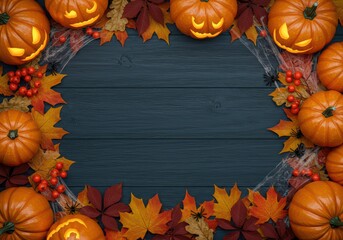 Top view of pumpkins and autumn leaves on an empty dark wooden background with copy space. Composition for an autumn decoration sale banner or poster. Happy Halloween.