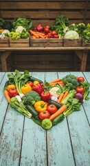 Fresh vegetables and fruits arranged in a heart shape on wooden table. Healthy eating concept for World Food Day. Organic nature food for culinary or diet blog post and eco market ads.