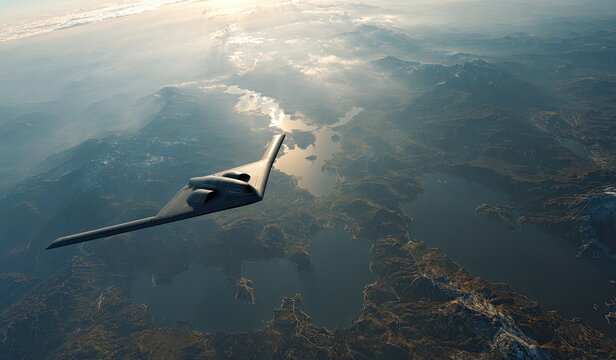 A stealth aircraft flies over mountains & water, sunlight reflects off the sea