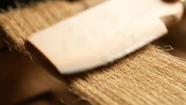 Crafting Fine Strands Close Up of Wood Cutter Tool Shaping Brown Fibers in Workshop Setting with Focused Lighting for Detailed Texture and Material Forming Processes Emphasizing Precision