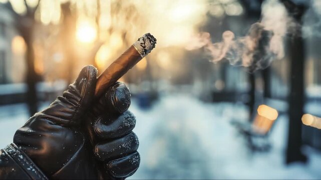 Hand holding a cigar in a snowy park during sunset, with trees lining the path and warm lights glowing in the background