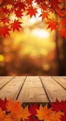 Empty wooden table with red and orange autumn leaf frame. Outdoor fall season background for product display. Concept for Thanksgiving, Harvest Festival or Halloween celebrations.