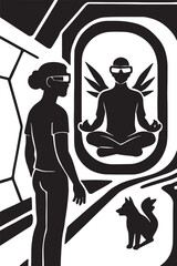 Silhouette of a person wearing virtual reality goggles looking at a digital reflection of themselves with wings meditating in a futuristic environment