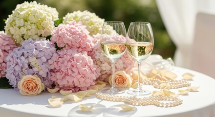 Two glasses of white wine on a table with pearls and flower petals, celebrating a special occasion. Elegant table set up for Mother's Day, birthday, anniversary or wedding lunch in a garden.