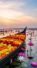 Decorated onam boat with colorful marigold flowers on lake full of lotus flowers at sunset or sunrise. Indian celebration concept for festival Onam for banner or poster with copy space.