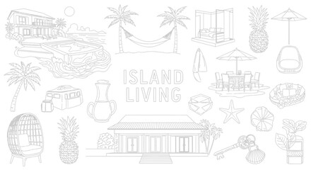 Fototapeta premium Island Living Lifestyle Collection Illustration White Line Art