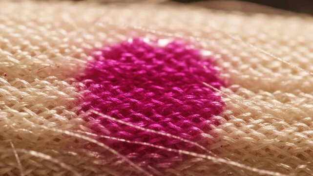 Detailed Close Up Shot Of Fuchia Dye Spreading Through Tan Fiber Weave Under High Magnification For Chemical Process Demonstration and Industry Ads Promotion Dyeing and Chemical Reaction 195
