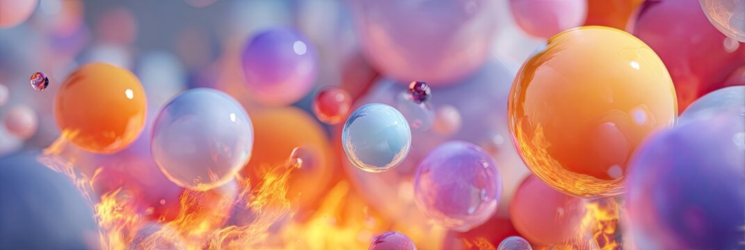 A vibrant, swirling abstract composition of colorful, glossy spheres amidst flames