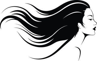 Woman silhouette, flowing hair, profile view, black outline, white background, elegant posture, female figure, beauty concept, hair motion, stylized design, graceful shape, artistic portrait, wind eff