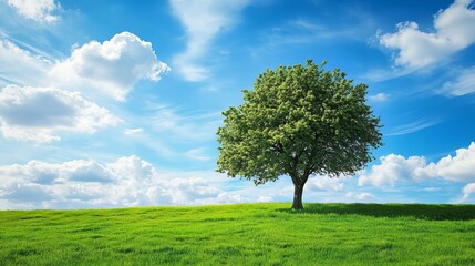 Obraz premium Peaceful nature scene with big tree on vibrant field and blue sky