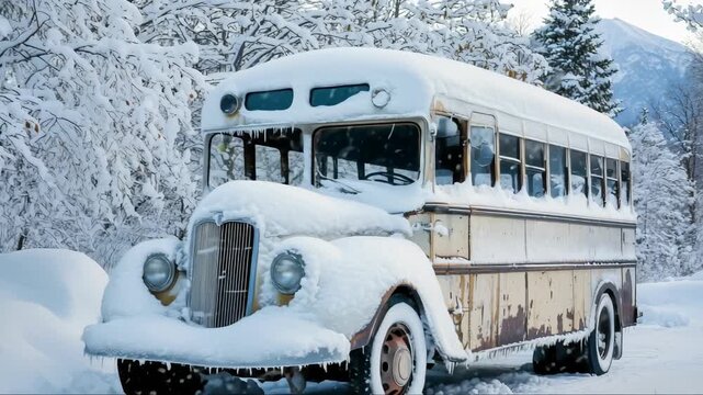 Vintage bus covered in snow with frosted trees in a winter landscape at dusk