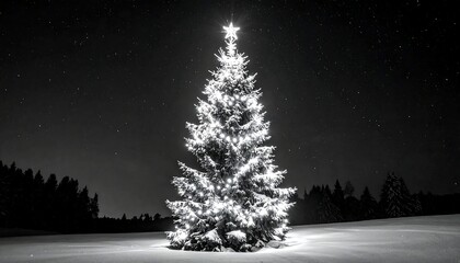 Silhouetted Christmas tree, lit, night, stars