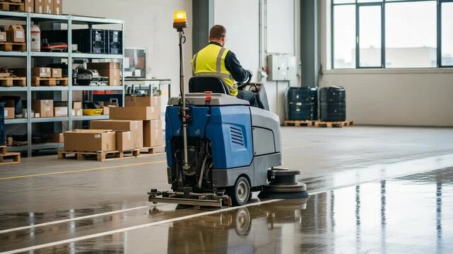 A worker in a high-visibility vest operates a ride-on floor scrubber machine, cleaning the wet floor of a large warehouse.
