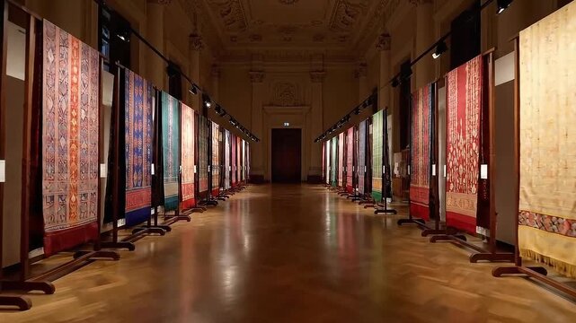 Exhibition Hall Display Featuring Traditional Textiles in Rich Hues of Red Blue and Gold Antique Interior with Elaborate Plasterwork Creates an Artistic Ambient Light and Shadow Play