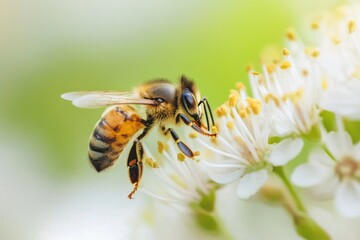 Honeybee collecting pollen from a white flower in bright sunlight