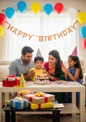 Cheerful Indian family celebrating a young boy&rsquo;s birthday with cake, gifts, and colorful decorations in a cozy home setting.