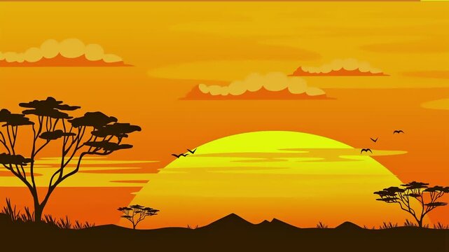 Cartoon Background African Savanna Sunset Vector