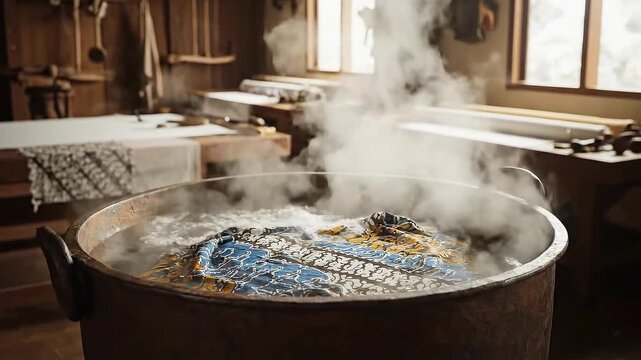 Fabric Dyeing Process in Large Pot with Water Steam and Traditional Javanese Batik Textile with Blue and Yellow Pattern in Workshop Interior with Wooden Furniture and Soft Lighting