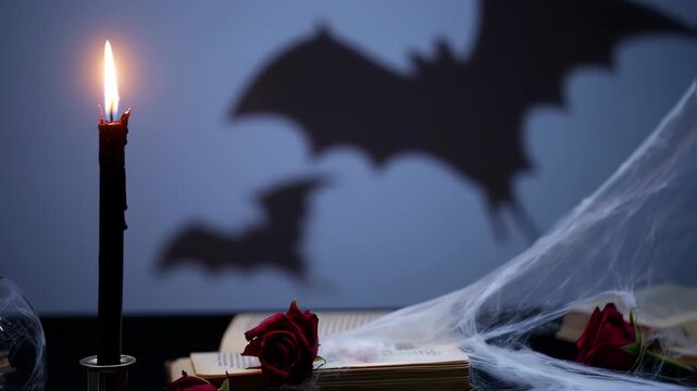 burning candle with silhouette of bat