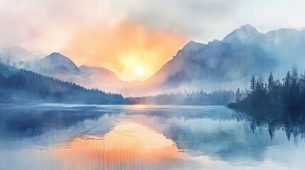 Fototapeta premium Digital watercolor sunrise landscape with misty lake and warm sunlight