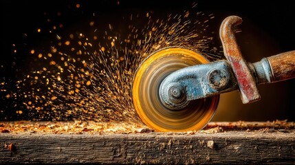 Close up realistic photo of an angle grinder on a metal workbench with sharp detail of blade and handle under dramatic industrial light.
