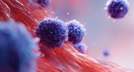 Microscopic view of blue spherical structures interacting with red, textured organic tissue