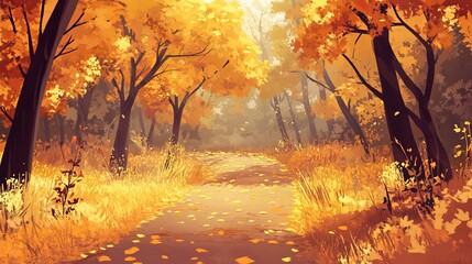 Golden autumn forest landscape with vibrant yellow foliage in fall season