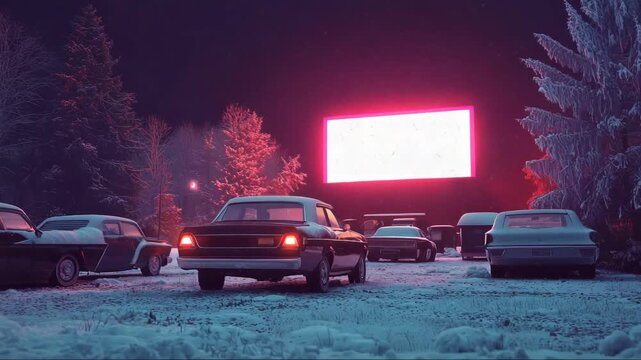 Classic cars parked at a drive-in theater under snow during nighttime with illuminated screen