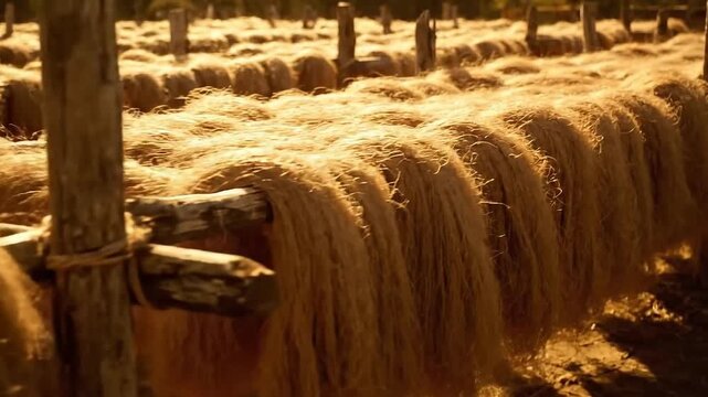 Golden Sisal Fibers Drying on Wooden Racks Under Warm Sunlight Revealing the Natural Texture and Rich Color of the Material Amidst a Rural Setting Industrial Processing Theme